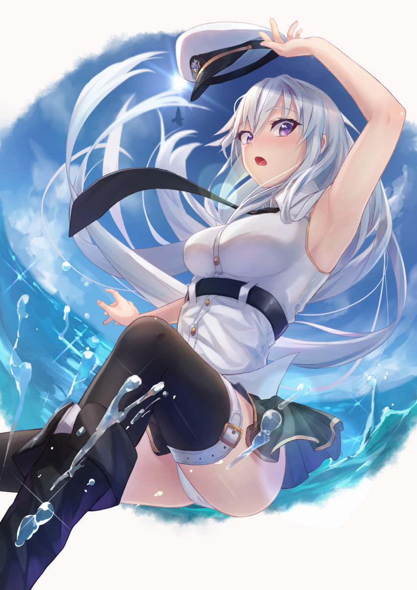 1girl absurdres armpits azur_lane bare_arms black_footwear black_legwear blue_sky blush boots breasts buttons collared_shirt commentary day embarrassed enterprise_(azur_lane) hat headwear_removed highres knee_boots long_hair looking_at_viewer medium_breasts ocean open_mouth outdoors panties pantyshot shirt shun'ya_(daisharin36) silver_hair skirt sky sleeveless sleeveless_shirt solo thigh-highs underwear very_long_hair violet_eyes water wavy_mouth white_panties