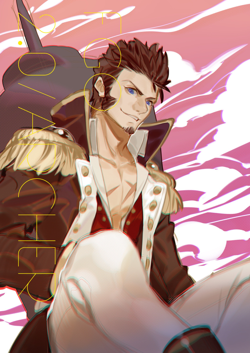 1boy absurdres beard blue_eyes boots brown_hair chest chiizu_namasu epaulettes facial_hair fate/grand_order fate_(series) highres jacket long_sleeves looking_at_viewer male_focus military military_uniform muscle napoleon_bonaparte_(fate/grand_order) open_clothes open_jacket pants pectorals scar simple_background sitting smile solo uniform white_pants