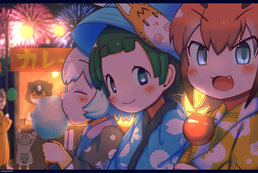 1boy 2girls :3 aerial_fireworks artist_name blue_eyes blurry blurry_background blush candy_apple caracal_(kemono_friends) character_request closed_eyes cotton_candy eating eyebrows_visible_through_hair fang fireworks food from_side green_hair hat highres japanese_clothes kemono_friends kimono kyururu_(kemono_friends) lantern letterboxed looking_at_viewer mask multiple_girls night orange_hair paper_lantern rakugakiraid short_hair smile stall summer summer_festival upper_body white_hair yukata