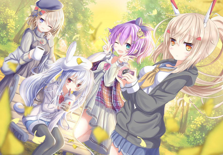 4girls ;d aruka_(alka_p1) ayanami_(azur_lane) azur_lane bangs bench between_legs black_dress black_legwear black_ribbon blue_eyes blue_sailor_collar blue_shorts blue_skirt blurry blurry_foreground blush breasts camera closed_mouth collared_shirt commentary_request crown cup day depth_of_field disposable_cup dress drinking_straw eyebrows_visible_through_hair fringe_trim ginkgo ginkgo_leaf green_eyes grey_jacket grey_sweater hair_between_eyes hair_ornament hair_ribbon hairclip hand_between_legs headgear high_ponytail highres holding holding_camera holding_cup hood hood_down hooded_jacket iron_cross jacket javelin_(azur_lane) laffey_(azur_lane) legwear_under_shorts light_brown_hair long_hair long_sleeves looking_at_viewer mini_crown mug multiple_girls neckerchief on_bench one_eye_closed open_clothes open_jacket open_mouth outdoors pantyhose park_bench parted_lips plaid pleated_skirt ponytail purple_hair red_eyes ribbed_sweater ribbon sailor_collar shirt short_shorts shorts silver_hair sitting sitting_on_bench skirt sleeveless sleeveless_dress sleeves_past_wrists small_breasts smile sweater tilted_headwear tree twintails very_long_hair white_dress white_shirt yellow_neckwear z23_(azur_lane)