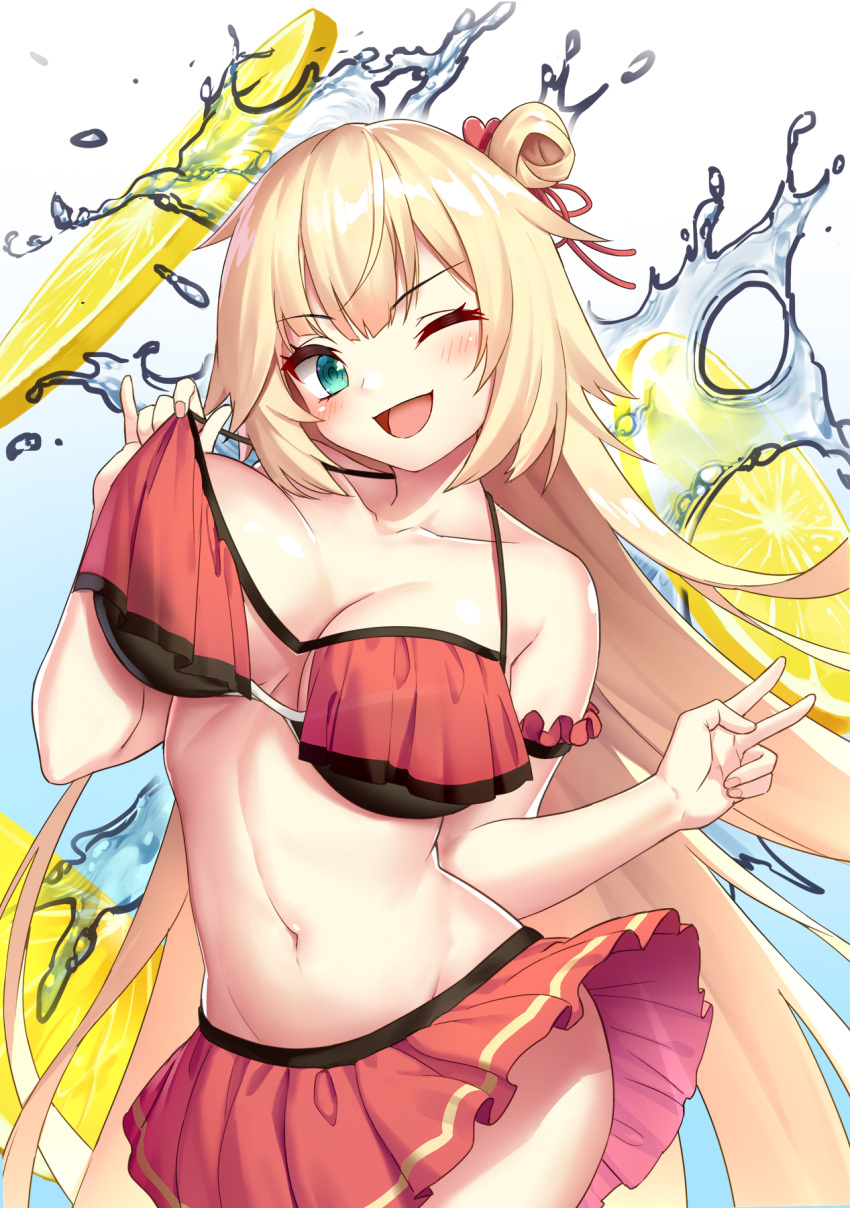 1girl akai_haato arm_garter bare_arms bare_shoulders bikini bikini_pull bikini_skirt blonde_hair blue_eyes blush breasts collarbone drogoth food fruit groin hair_bun hair_ribbon hand_up heart highres hololive large_breasts lemon lemon_slice long_hair looking_at_viewer navel official_alternate_costume one_eye_closed open_mouth red_bikini red_ribbon ribbon standing stomach swimsuit thick_thighs thighs tongue two-tone_background v v_arms very_long_hair virtual_youtuber water wavy_hair wide_hips
