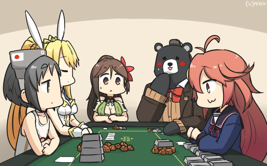 1other 4girls :3 ahoge amagi_(kantai_collection) animal_ears artoria_pendragon_(all) artoria_pendragon_(swimsuit_ruler)_(fate) bangs bear black_hair blonde_hair blue_neckwear blush breasts brown_eyes brown_hair bunny_hair_ornament bunnysuit card casino_card_table cleavage_cutout commentary_request crossed_arms dated detached_collar diving_mask diving_mask_on_head eyebrows_visible_through_hair fate_(series) flower hair_between_eyes hair_flower hair_ornament hair_ribbon hairclip hamu_koutarou high_ponytail highres japanese_flag kantai_collection kumano_(kantai_collection) large_breasts leotard long_hair looking_down maru-yu_(kantai_collection) mole multiple_girls navel navel_cutout parted_bangs pink_eyes pink_hair playing_card poker_table ponytail rabbit_ears remodel_(kantai_collection) ribbon school_swimsuit school_uniform serafuku serious short_hair sidelocks signature sitting swimsuit table uzuki_(kantai_collection) white_leotard white_swimsuit wide_ponytail wrist_cuffs