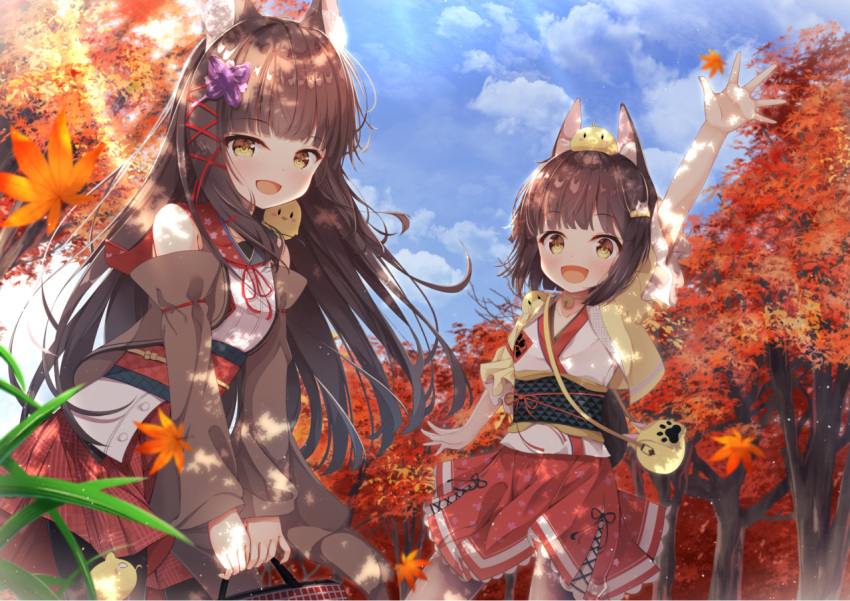 2girls :d animal_ears arm_up autumn autumn_leaves azur_lane bag bare_shoulders bird blue_sky brown_hair chick clouds commentary_request day forest fox_ears hair_ornament handbag holding jacket leaf loli_ta1582 long_hair looking_at_viewer manjuu_(azur_lane) maple_leaf multiple_girls mutsu_(azur_lane) nagato_(azur_lane) nature nontraditional_miko obi open_clothes open_jacket open_mouth outdoors pantyhose red_skirt sash short_hair shoulder_bag skirt sky smile standing sunlight tree tree_shade yellow_eyes