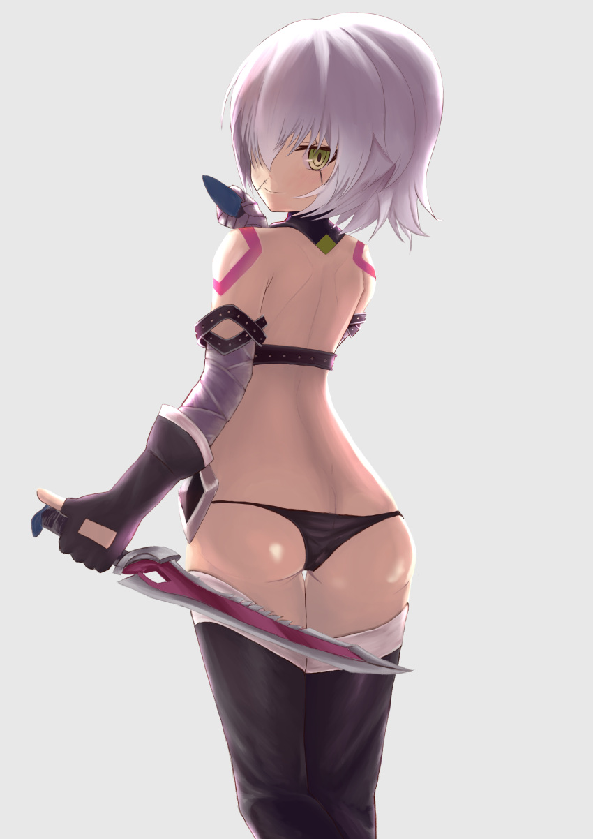 1girl absurdres arm_belt ass back bandaged_arm bandages bangs bare_shoulders black_footwear black_panties boots breasts closed_mouth dagger dual_wielding facial_scar fate/apocrypha fate_(series) gloves green_eyes hair_between_eyes highres holding holding_dagger holding_weapon jack_the_ripper_(fate/apocrypha) li_zhu looking_at_viewer looking_back panties scar scar_across_eye scar_on_cheek short_hair shoulder_tattoo simple_background single_glove smile solo tattoo thigh-highs thigh_boots thighs underwear weapon white_hair