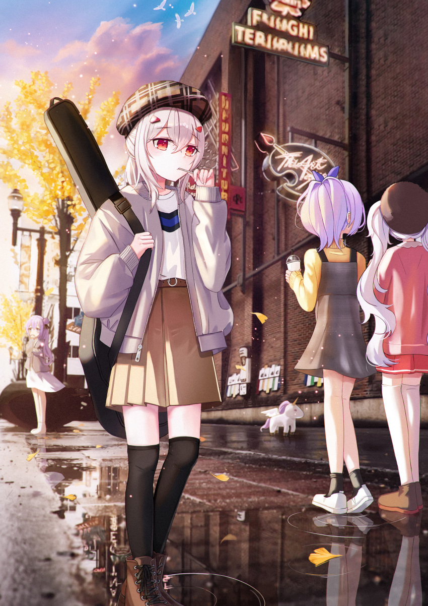 4girls absurdres ahoge alicorn alternate_costume ayanami_(azur_lane) azur_lane black_legwear blurry building candy casual chupa_chups clouds cloudy_sky commentary_request contemporary depth_of_field food guitar_case hair_bun hair_ornament hair_ribbon hairclip hat highres huge_filesize instrument_case iren_lovel jacket javelin_(azur_lane) laffey_(azur_lane) lamppost lollipop long_hair mouth_hold multiple_girls one_side_up ponytail purple_hair red_eyes reflection reflective_floor ribbon scenery shoes side_bun silver_hair sky thigh-highs twilight twintails unicorn_(azur_lane) violet_eyes walking wind zettai_ryouiki