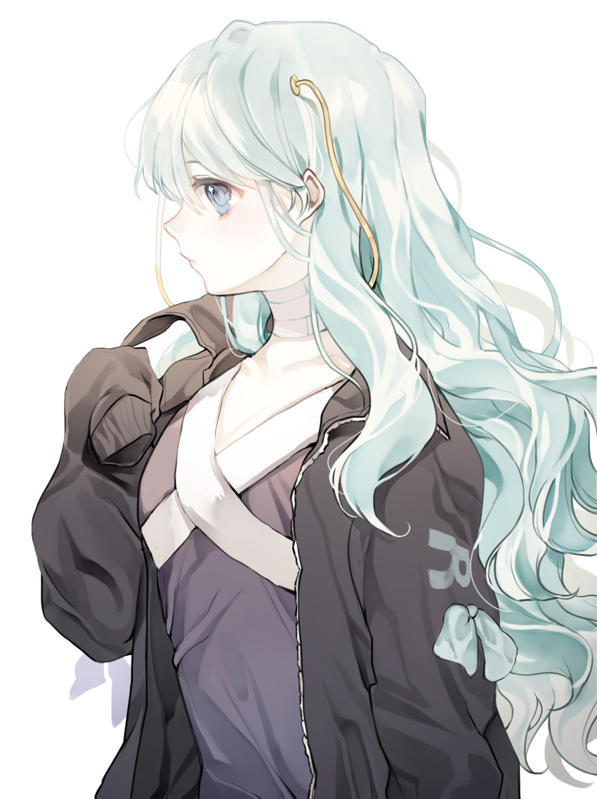 1girl absurdres bangs black_jacket blue_eyes blue_hair closed_mouth collarbone commentary_request eyebrows_visible_through_hair girls_frontline hair_between_eyes highres jacket long_hair long_sleeves looking_away open_clothes open_jacket profile purple_shirt rang_ji7 ribeyrolles_1918_(girls_frontline) shirt sleeves_past_fingers sleeves_past_wrists solo upper_body very_long_hair white_background