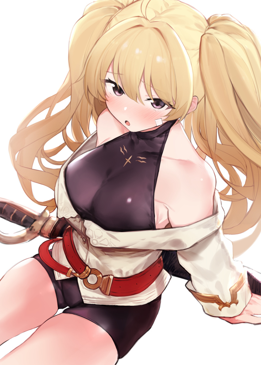1girl bangs bare_shoulders belt bike_shorts black_shorts blonde_hair blush breasts granblue_fantasy grey_eyes halterneck highres large_breasts long_hair long_sleeves looking_at_viewer monica_weisswind off-shoulder_sweater off_shoulder open_mouth remora180 shorts simple_background sitting solo sweater sword thighs twintails weapon white_background