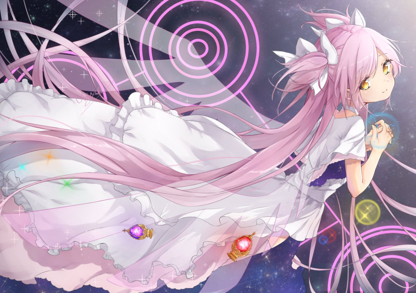 1girl absurdly_long_hair dress eyebrows_visible_through_hair floating_hair frilled_dress frilled_sleeves frills from_behind goddess_madoka hair_ribbon happy head_tilt highres interlocked_fingers kaname_madoka long_dress long_hair looking_at_viewer looking_back mahou_shoujo_madoka_magica nayuta_hilo own_hands_together pink_hair ribbon shaft_look signature sky smile solo soul_gem space sparkle star_(sky) starry_sky straight_hair two_side_up very_long_hair white_dress white_ribbon wide_sleeves wings yellow_eyes