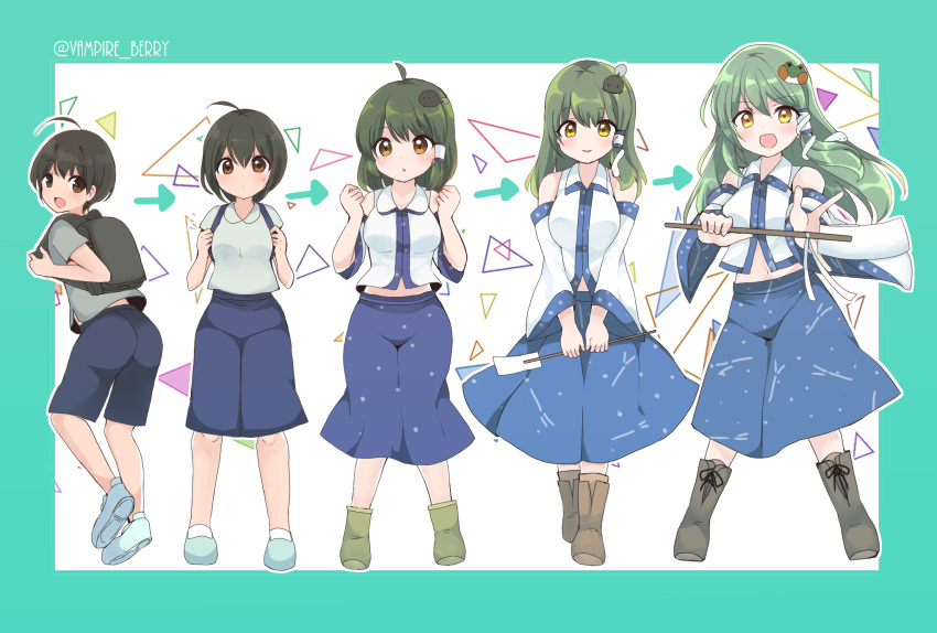 1girl age_progression ahoge ass backpack bag bare_shoulders blush boots breasts brown_hair clenched_hands commentary_request detached_sleeves directional_arrow frog_hair_ornament genderswap gohei green_hair hair_ornament hair_tubes highres kochiya_sanae large_breasts loafers long_hair looking_at_viewer medium_breasts navel open_mouth ougi_hina shoes short_hair skirt smile snake_hair_ornament tadpole touhou yellow_eyes