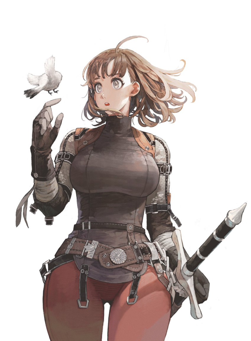 1girl ahoge armor belt bird bird_on_finger breasts brown_eyes brown_hair chainmail commentary_request gloves highres jun_(seojh1029) large_breasts original pants red_pants scabbard sheath sheathed solo strap sword thigh_gap walking weapon wind wind_lift