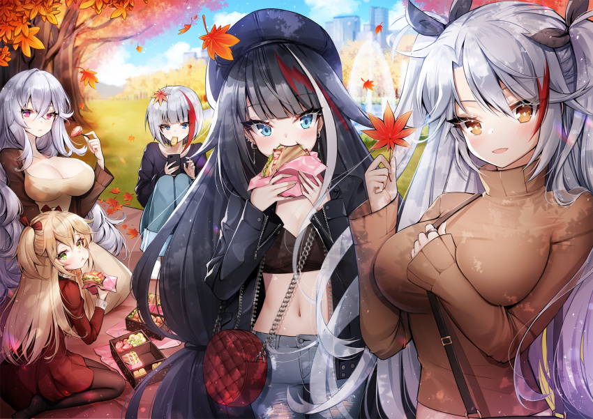 admiral_graf_spee_(azur_lane) admiral_hipper_(azur_lane) ahoge ankkoyom antenna_hair azur_lane bangs black_hair blonde_hair blue_eyes blunt_bangs blush breasts casual day deutschland_(azur_lane) eating eyebrows_visible_through_hair graf_zeppelin_(azur_lane) green_eyes hair_between_eyes highres holding large_breasts long_hair long_sleeves looking_at_viewer mole multicolored_hair multiple_girls open_mouth outdoors prinz_eugen_(azur_lane) red_eyes redhead ribbon short_hair sidelocks silver_hair smile streaked_hair sweater two_side_up very_long_hair