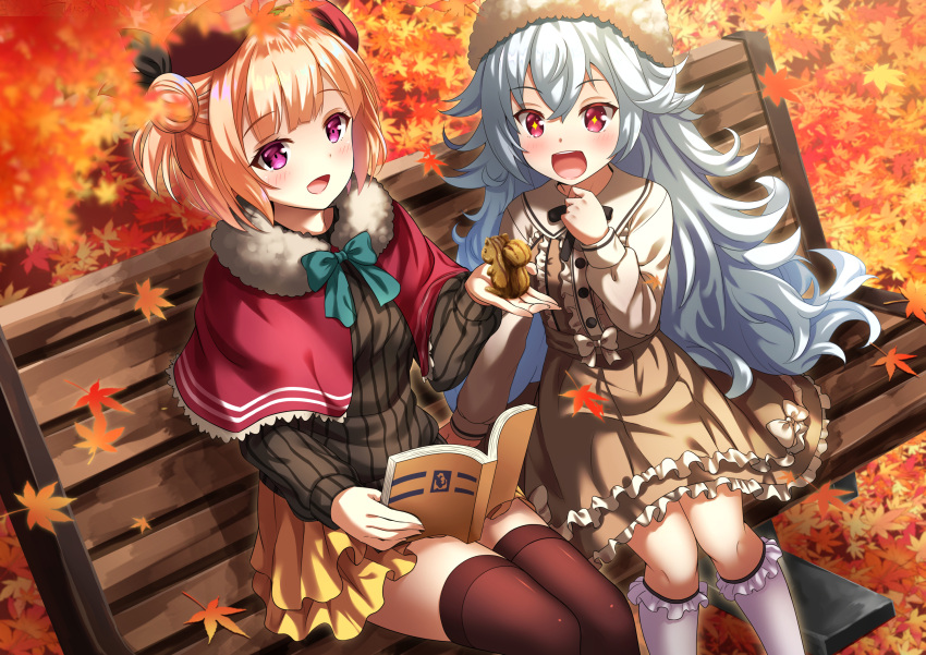 +_+ 2girls :d animal autumn_leaves azur_lane bangs bench beret black_bow black_ribbon black_sweater blonde_hair blue_bow blurry blurry_foreground blush book bow brown_dress brown_legwear capelet character_request collared_dress commentary_request depth_of_field dress eyebrows_visible_through_hair frilled_dress frilled_legwear frills fur-trimmed_capelet fur_hat fur_trim graf_zeppelin_(azur_lane) hair_between_eyes hair_ribbon hand_up hat highres holding holding_animal kasaran kneehighs layered_skirt leaf long_hair long_sleeves maple_leaf multiple_girls on_bench open_book open_mouth park_bench pleated_skirt red_capelet red_eyes red_headwear ribbed_sweater ribbon short_hair silver_hair sitting_on_bench skirt smile squirrel sweater thigh-highs upper_teeth very_long_hair violet_eyes white_headwear white_legwear yellow_skirt zeppelin-chan_(azur_lane)