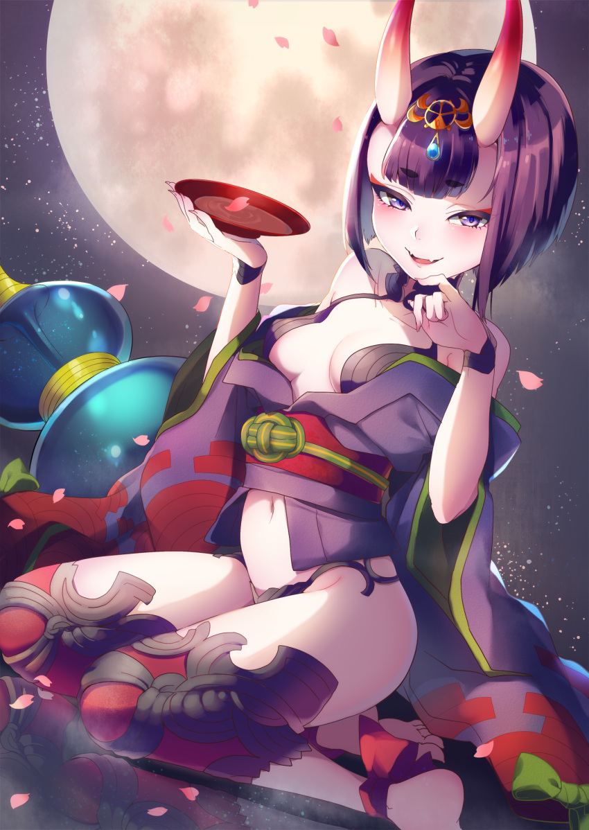 1girl ankle_ribbon bangs bare_shoulders blush bob_cut breasts collarbone cup eyeliner fangs fate/grand_order fate_(series) full_moon gourd headpiece highres horns japanese_clothes kimono kneeling long_sleeves looking_at_viewer makeup moon neko-san_(dim.dream) night night_sky obi oni oni_horns open_clothes open_kimono open_mouth petals purple_hair purple_kimono revealing_clothes ribbon sakazuki sash short_eyebrows short_hair shuten_douji_(fate/grand_order) sky small_breasts smile solo thighs violet_eyes