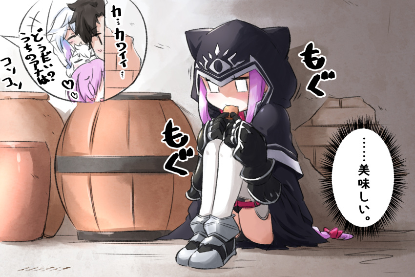 +++ 0_0 2boys 2girls animal_ears animal_hood barrel black_capelet black_gloves black_hair black_panties bow brick_wall capelet commentary_request creature eating eyes_visible_through_hair fate/grand_order fate_(series) food fou_(fate/grand_order) fujimaru_ritsuka_(male) gloves grey_footwear hair_bow hair_over_one_eye heart highres holding holding_food hood hood_up hooded_capelet knees_up long_hair mash_kyrielight medusa_(lancer)_(fate) merlin_(fate) multiple_boys multiple_girls neon-tetora panties peeking_out pink_hair red_bow shoes sitting thigh-highs translation_request underwear very_long_hair white_hair white_legwear