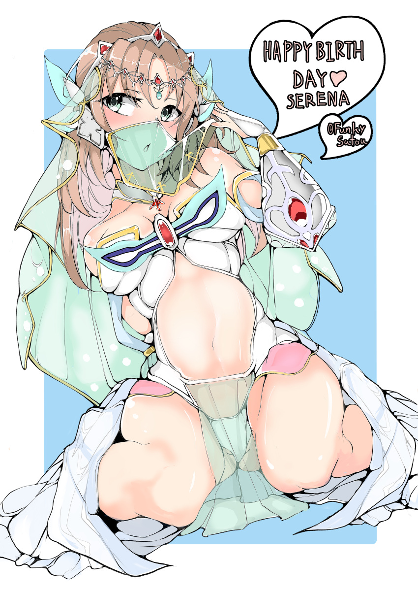 1girl absurdres adapted_costume aqua_eyes arabian_clothes ass_visible_through_thighs bare_shoulders blush breasts bridal_veil brown_hair circlet dancer dated funkysatou happy_birthday headgear highres huge_filesize long_hair looking_to_the_side medium_breasts parted_lips pelvic_curtain senki_zesshou_symphogear senki_zesshou_symphogear_xd_unlimited serena_cadenzavna_eve shiny shiny_hair shiny_skin sitting solo stomach thighs veil wariza