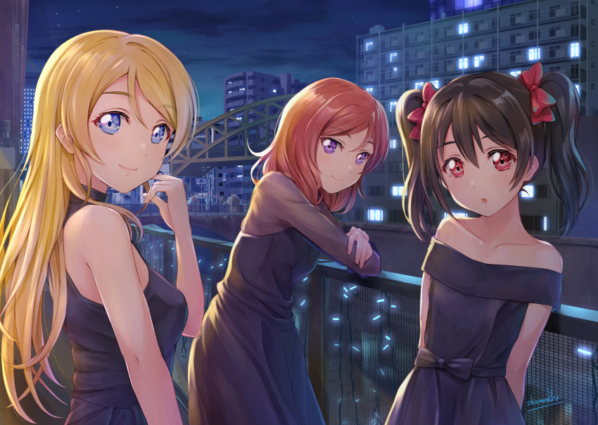 3girls :o against_railing arm_support arms_behind_back ayase_eli bangs bare_shoulders bibi_(love_live!) black_dress black_hair blonde_hair blue_eyes blush bow building city closed_mouth collarbone commentary_request dress eyebrows_visible_through_hair hair_bow highres leaning_forward long_hair long_sleeves looking_at_viewer love_live! love_live!_school_idol_project multiple_girls night nishikino_maki off-shoulder_dress off_shoulder outdoors parted_bangs parted_lips red_bow red_eyes redhead see-through shamakho sleeveless sleeveless_dress smile strapless strapless_dress swept_bangs tareme twintails violet_eyes yazawa_nico