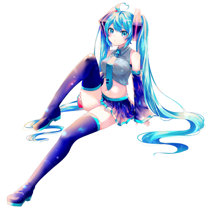 1girl :o absurdres arm_at_side arm_support bare_shoulders belly black_legwear blue_eyes blue_hair blue_neckwear boots breasts curly_hair detached_sleeves expressionless eyebrows_visible_through_hair full_body hair_between_eyes hand_on_own_thigh hatsune_miku highres huge_breasts leg_up long_hair looking_at_viewer midriff navel necktie parted_lips pleated_skirt shirayuki_towa simple_background sitting skirt solo tank_top thigh-highs thigh_boots thighs twintails very_long_hair vocaloid white_background zettai_ryouiki