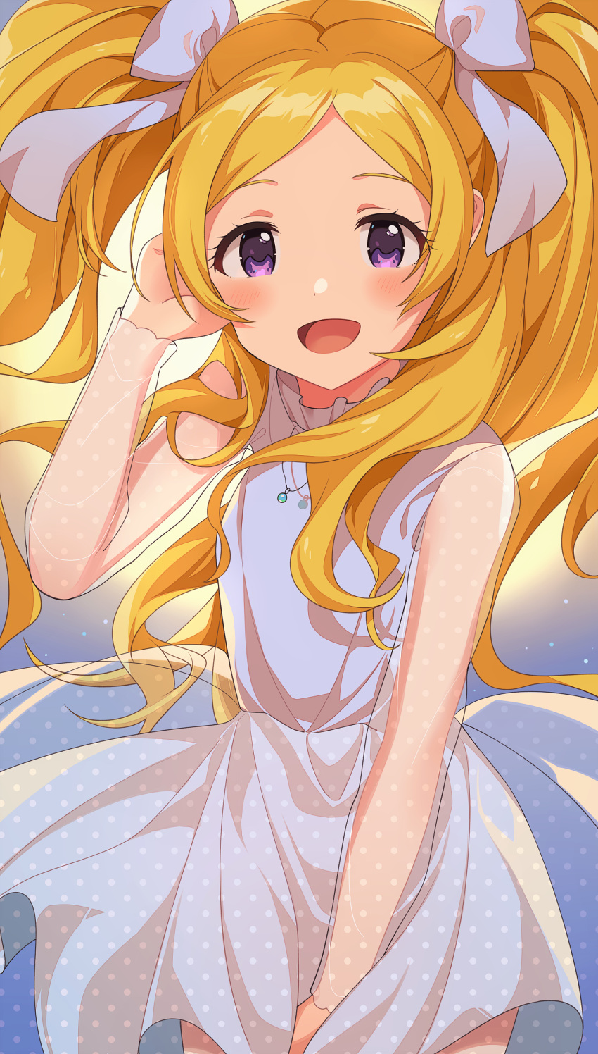 1girl absurdres bangs blonde_hair blush commentary dress emily_stewart grey_ribbon hair_ornament hair_ribbon highres idolmaster idolmaster_million_live! idolmaster_million_live!_theater_days long_hair long_sleeves looking_at_viewer naijow open_mouth parted_bangs ribbon smile solo twintails violet_eyes