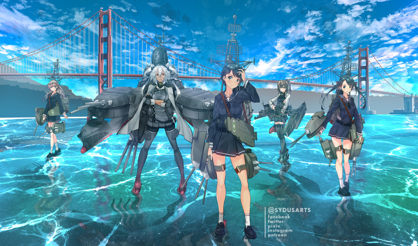 bike_shorts black_hair bow_(weapon) breasts brown_eyes brown_hair crossbow crossover dark_skin glasses golden_gate_bridge headband headgear kantai_collection kumano_(kantai_collection) large_breasts long_hair man_in_the_high_castle mikuma_(kantai_collection) mogami_(kantai_collection) musashi_(kantai_collection) pointy_hair ponytail remodel_(kantai_collection) sakuramon san_francisco semi-rimless_eyewear short_hair_with_long_locks skirt sydus taihou_(kantai_collection) twintails water weapon