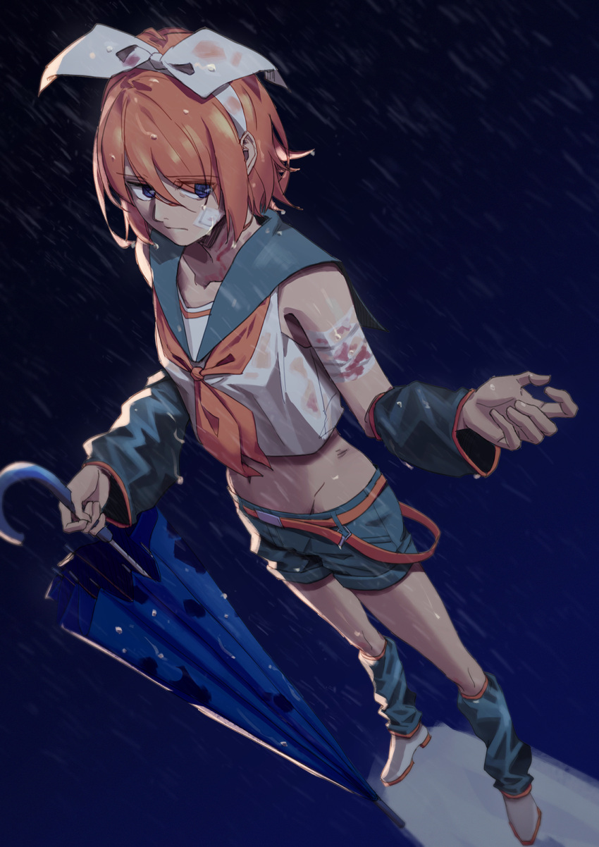 1girl bandages bare_shoulders bleeding blonde_hair blood blue_eyes blue_umbrella bow crop_top detached_sleeves dutch_angle foreshortening hair_bow hair_ornament hairclip headphones headset highres holding holding_umbrella injury kagamine_rin leg_warmers looking_to_the_side midriff navel outstretched_hand perspective rain sad sailor_collar serious shirt short_hair shorts sleeveless sleeveless_shirt solo torn_umbrella umbrella vocaloid water_drop wet wet_clothes wounds404