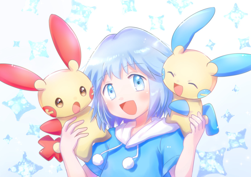 :d androgynous blue_eyes blue_hair character_request highres hood hood_down hooded_jacket jacket minun open_mouth plusle pokemon shiny shiny_hair short_hair short_sleeves smile white_background yuki56