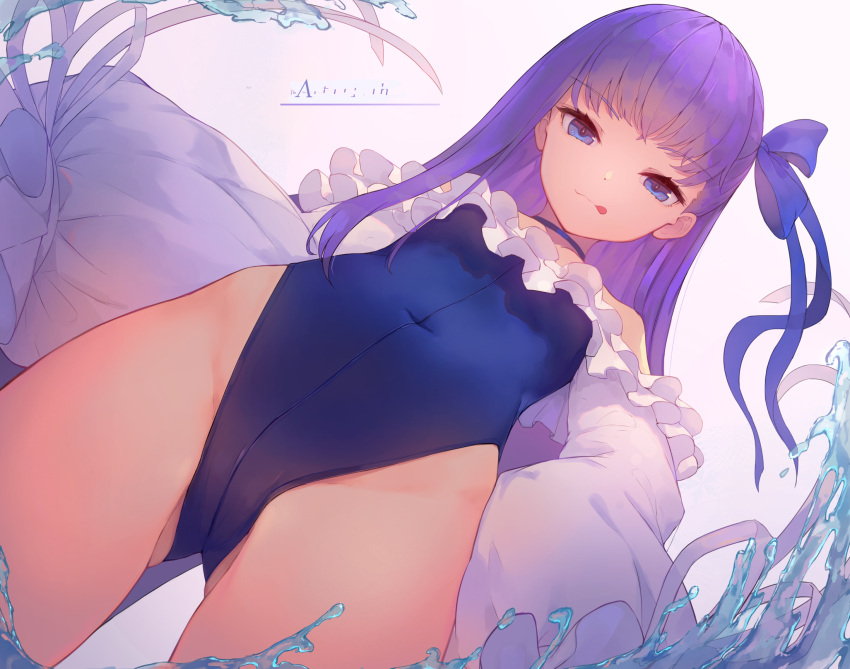 1girl :q ass_visible_through_thighs bangs bare_shoulders blue_bow blue_choker blue_ribbon blue_swimsuit blunt_bangs bow breasts choker closed_mouth collarbone commentary_request covered_navel eyebrows_visible_through_hair fate/grand_order fate_(series) hair_between_eyes hair_ribbon highleg highleg_swimsuit highres licking_lips long_hair long_sleeves looking_at_viewer meltryllis meltryllis_(swimsuit_lancer)_(fate) munuu naughty_face partially_submerged purple_hair ribbon sleeves_past_wrists smile solo strapless strapless_swimsuit swimsuit tongue tongue_out water