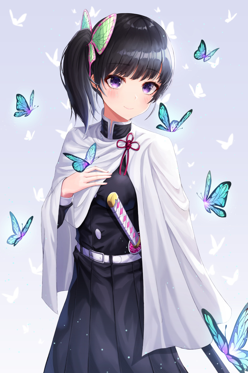 1girl absurdres bangs black_hair black_jacket black_skirt blue_background blush bug butterfly butterfly_hair_ornament cape closed_mouth eyebrows_visible_through_hair gradient gradient_background hair_ornament highres insect jacket katana kimetsu_no_yaiba long_hair long_skirt long_sleeves pleated_skirt ryon_y0421 sheath sheathed shiny shiny_hair side_ponytail skirt smile solo standing sword tsuyuri_kanao violet_eyes weapon white_background white_cape