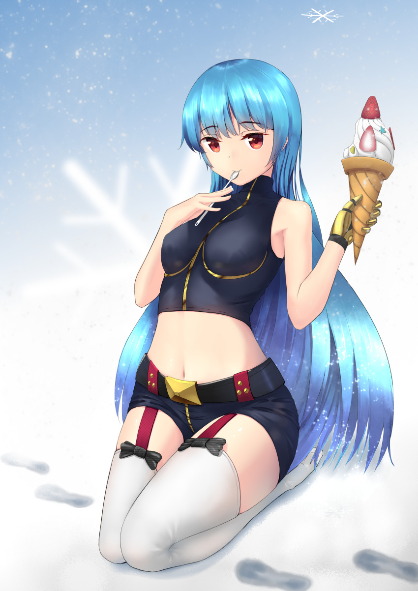 1girl absurdres arched_back bangs belt blue_background blue_hair blue_shorts breasts crop_top cute eyebrows_visible_through_hair food footprints fruit garter_straps gloves high_collar highres holding holding_food holding_spoon ice_cream ice_cream_cone kula_diamond leotard light_smile long_hair looking_at_viewer medium_breasts midriff moe navel nearoul_kishi no_shoes red_eyes seiza shorts single_glove sitting snk snow snowflake_background solo spoon spoon_in_mouth strawberry the_king_of_fighters thigh-highs very_long_hair white_legwear yellow_gloves