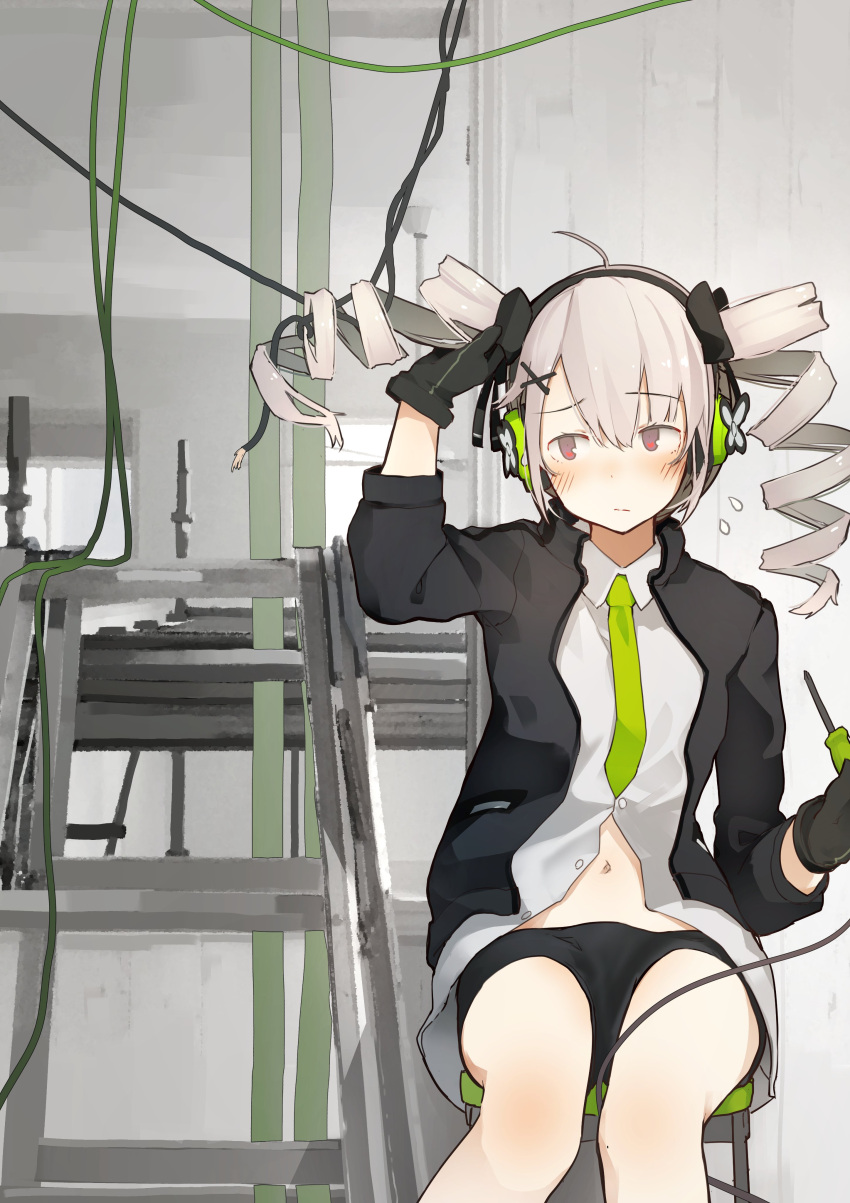 1girl absurdres ahoge bangs black_gloves black_jacket black_shorts blush closed_mouth collared_shirt drill_hair eyebrows_visible_through_hair flying_sweatdrops fuu_fuu girls_frontline gloves green_neckwear hair_ornament hair_ribbon hairclip headphones highres jacket long_hair necktie pp-90_(girls_frontline) red_eyes ribbon shirt shorts silver_hair sitting solo twin_drills white_shirt wire x_hair_ornament