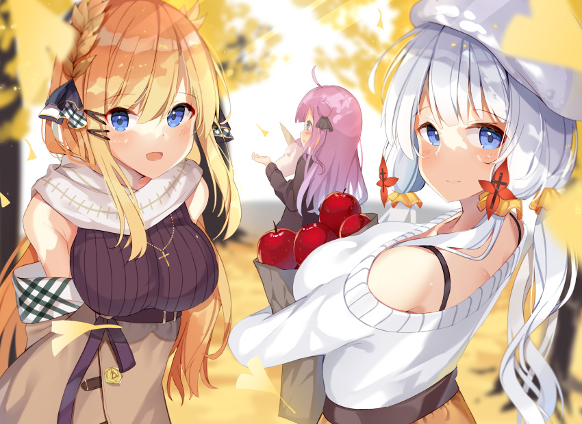 3girls ahoge apple azur_lane bag bangs bare_shoulders black_ribbon black_sweater blonde_hair blue_eyes blurry blurry_background blush breasts brown_skirt commentary_request cross cross_necklace depth_of_field eyebrows_visible_through_hair food fruit ginkgo ginkgo_leaf hair_between_eyes hair_bun hair_ornament hair_ribbon hairclip highres illustrious_(azur_lane) jewelry large_breasts latin_cross laurel_crown long_hair long_sleeves looking_at_viewer looking_to_the_side mizuki_ryuu multiple_girls necklace object_hug off-shoulder_sweater off_shoulder one_side_up paper_bag purple_hair red_apple ribbon scarf side_bun silver_hair skirt sleeveless_sweater stuffed_animal stuffed_toy stuffed_unicorn sweater unicorn_(azur_lane) very_long_hair victorious_(azur_lane) violet_eyes white_scarf white_sweater