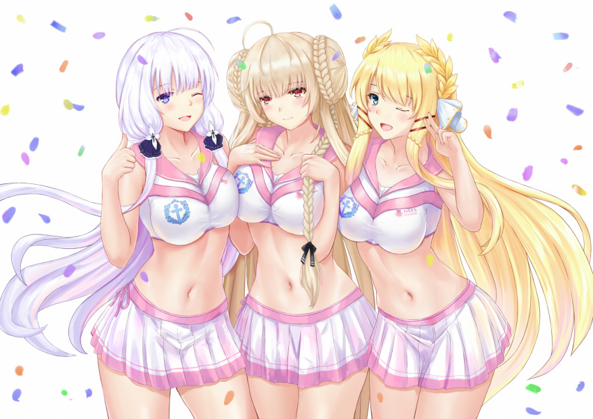 3girls :d ;d ahoge autumn azur_lane bare_arms bare_shoulders blonde_hair blue_eyes blue_sky braid braided_bun breasts brown_hair cheerleader clouds collarbone crop_top double_bun formidable_(azur_lane) hair_bun hair_ribbon hands_on_own_chest hands_up highres illustrious_(azur_lane) large_breasts laurel_crown logo long_hair looking_at_viewer midriff miniskirt multiple_girls navel one_eye_closed open_mouth pixiv8724247 pleated_skirt red_eyes revision ribbon sailor_collar shirt side-by-side skirt sky sleeveless sleeveless_shirt smile standing stomach thumbs_up v very_long_hair victorious_(azur_lane) violet_eyes white_background white_hair white_shirt white_skirt