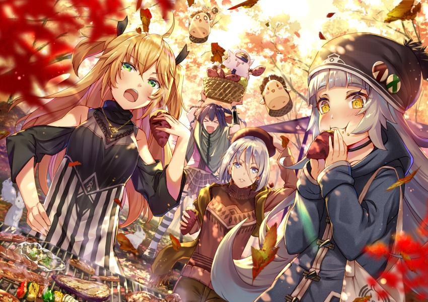 &gt;_&lt; 4girls :d :i admiral_hipper_(azur_lane) ahoge animal arm_up arms_up autumn autumn_leaves azur_lane bangs barbecue basket beanie beret bird black_dress black_footwear black_headwear black_ribbon blonde_hair blue_coat blurry blurry_foreground blush breasts brown_headwear brown_pants brown_skirt brown_sweater cat chain chestnut chick closed_eyes closed_mouth commentary_request day depth_of_field dress eating eyebrows_visible_through_hair food food_on_face glint green_eyes hair_between_eyes hair_ribbon hand_on_headwear hand_on_hip hat holding holding_basket holding_food hood hood_down hooded_coat jewelry loafers long_hair long_sleeves meat meowfficer_(azur_lane) military_hat multiple_girls open_mouth outdoors pants parted_lips peaked_cap pendant rabbit renka_(renkas) ribbon shoes silver_hair skirt small_breasts smile standing striped striped_legwear sweater sweet_potato thigh-highs tirpitz_(azur_lane) tree two_side_up vertical_stripes very_long_hair violet_eyes white_headwear xd yakiimo yellow_eyes z36_(azur_lane) z46_(azur_lane)