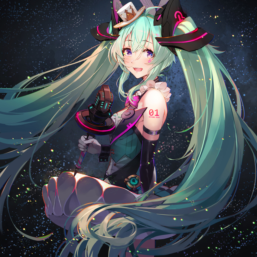 1girl baisi_shaonian blue_eyes character_name cowboy_shot from_side gloves green_hair hair_between_eyes hat hatsune_miku highres long_hair looking_at_viewer microphone mini_hat mini_top_hat number_tattoo open_mouth solo tattoo top_hat twintails very_long_hair vocaloid white_gloves