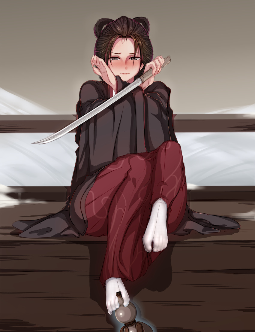 1girl absurdres between_toes biting brown_hair commentary_request emma_the_gentle_blade foot_hold gourd grey_eyes highres holding holding_sword holding_weapon japanese_clothes katana lip_biting looking_at_viewer sekiro:_shadows_die_twice short_hair sitting solo sweatdrop sword tabi weapon wenzheng147