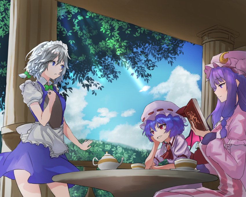 3girls :d akaneko_ken apron ascot bangs bat_wings blue_dress blue_eyes blue_hair blue_sky book bow bowtie braid breasts brooch clouds column commentary_request cowboy_shot crescent crescent_hair_ornament cup day dress eyebrows_visible_through_hair fang frilled_apron frills from_side green_bow green_neckwear hair_between_eyes hair_bow hair_ornament hand_up hat hat_ribbon head_rest highres holding holding_book holding_tray izayoi_sakuya jewelry large_breasts light_rays long_hair long_sleeves looking_at_another maid maid_apron maid_headdress medium_breasts mob_cap multiple_girls open_mouth parted_lips patchouli_knowledge pillar profile puffy_short_sleeves puffy_sleeves purple_dress purple_hair purple_headwear railing red_eyes red_neckwear red_ribbon remilia_scarlet ribbon shirt short_dress short_hair short_sleeves sidelocks silver_hair sitting sky smile standing table teacup teapot touhou tray tree twin_braids violet_eyes waist_apron white_apron white_dress white_headwear white_shirt wings