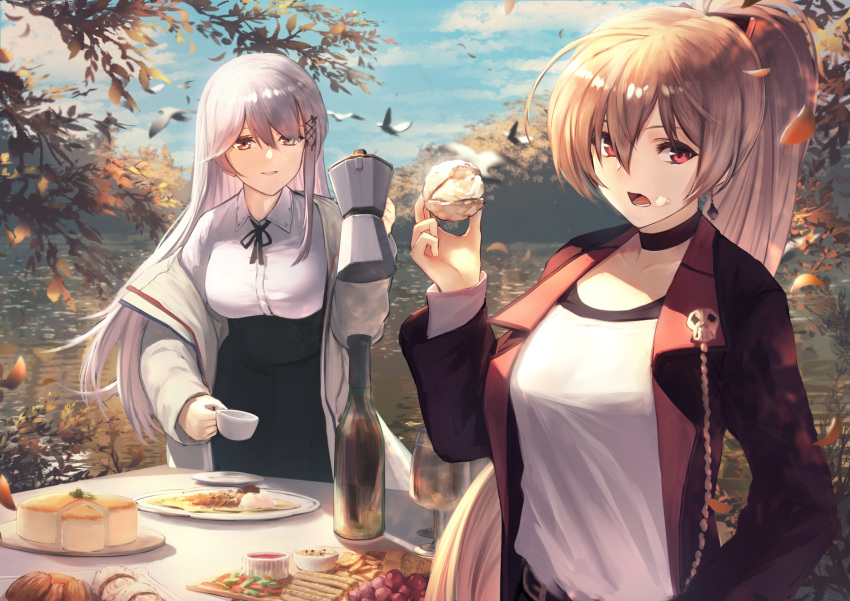 2girls azur_lane bangs belt bird black_skirt blue_sky blush bottle breasts choker clouds collarbone cup day dunkerque_(azur_lane) earrings food food_on_face grey_hair hair_between_eyes hair_ornament highres holding holding_cup holding_food itaco1987 jacket jean_bart_(azur_lane) jewelry large_breasts long_hair long_sleeves looking_at_viewer medium_breasts multiple_girls open_clothes open_jacket open_mouth outdoors parted_lips ponytail red_eyes shirt sidelocks skirt skull sky tree white_shirt