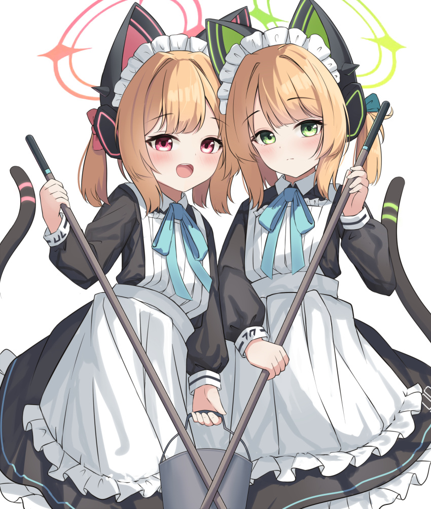 2girls :d absurdres animal_ear_headphones animal_ears apron aqua_ribbon black_dress blonde_hair blue_archive blush bow bucket cat_ear_headphones closed_mouth dress fake_animal_ears fake_tail frilled_apron frills green_eyes green_halo hair_bow halo headphones highres holding holding_bucket holding_mop long_sleeves looking_at_viewer maid maid_apron maid_headdress midori_(blue_archive) midori_(maid)_(blue_archive) momoi_(blue_archive) momoi_(maid)_(blue_archive) mop multiple_girls neck_ribbon official_alternate_costume open_mouth pink_eyes pink_halo puffy_long_sleeves puffy_sleeves ren_ruisou ribbon short_hair siblings simple_background sisters smile tail teeth twins upper_teeth_only white_apron white_background