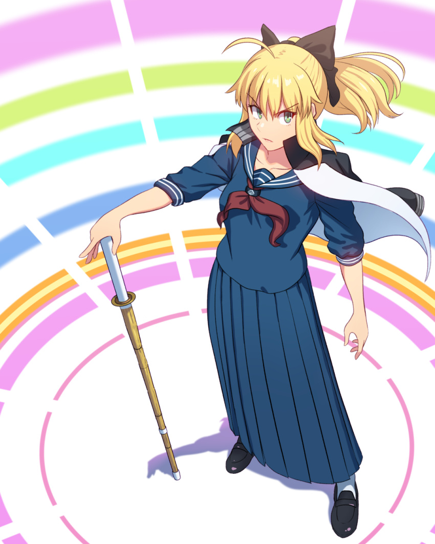 &gt;:( 1girl artoria_pendragon_(all) bangs black_bow black_footwear blonde_hair blue_sailor_collar blue_shirt blue_skirt bow closed_mouth commentary_request eyebrows_visible_through_hair fateline_alpha full_body green_eyes hair_bow highres jacket jacket_on_shoulders loafers long_hair long_skirt long_sleeves looking_at_viewer neckerchief pleated_skirt ponytail red_neckwear saber sailor_collar school_uniform serafuku serious shadow shirt shoes sidelocks skirt solo standing sukeban sword weapon white_jacket wooden_sword