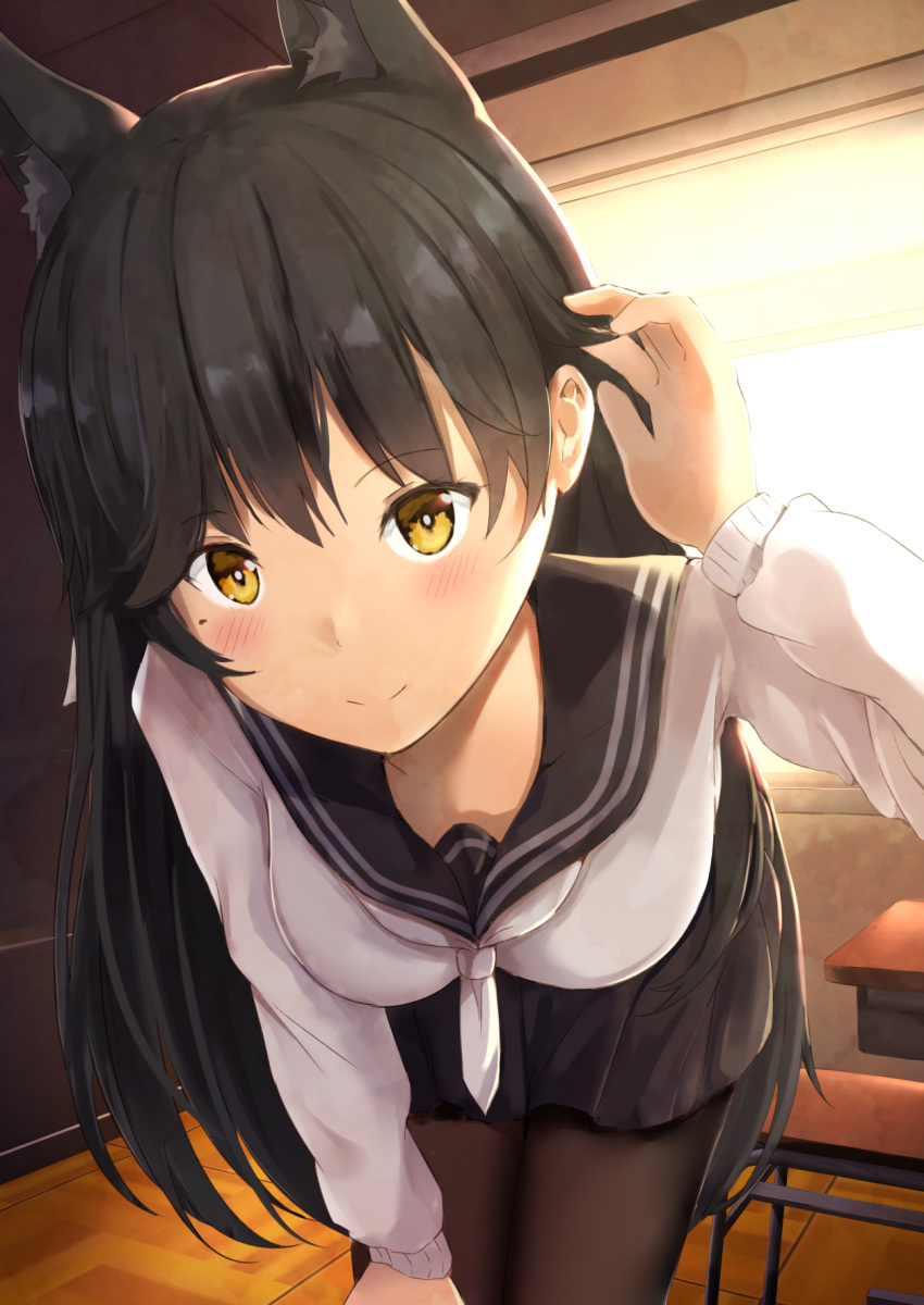 1girl adjusting_hair alternate_costume animal_ear_fluff animal_ears atago_(azur_lane) atago_(school_daydream)_(azur_lane) azur_lane bangs black_hair black_legwear black_sailor_collar black_skirt blush breasts closed_mouth desk extra_ears eyebrows_visible_through_hair fox_ears hair_between_eyes hair_ornament hair_tucking highres indoors leaning_forward long_hair long_sleeves looking_at_viewer medium_breasts mole mole_under_eye neckerchief pantyhose pleated_skirt ponyaru ribbon sailor_collar school school_desk school_uniform serafuku shirt skirt smile solo sunlight very_long_hair white_neckwear white_ribbon white_shirt window yellow_eyes