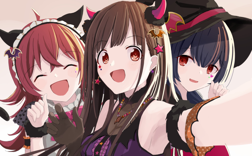 3girls :d ^_^ ahoge bangs bare_shoulders black_hair black_headwear breasts brown_background brown_eyes brown_hair center_frills closed_eyes commentary demon_horns doran_(dorannomai) dress earrings english_commentary eyebrows_visible_through_hair facing_viewer fake_horns frills hair_between_eyes halloween hat highres horns idolmaster idolmaster_shiny_colors jewelry komiya_kaho long_hair looking_at_viewer medium_breasts morino_rinze multiple_girls open_mouth outstretched_arm polka_dot purple_dress reaching_out red_eyes redhead see-through self_shot sleeveless sleeveless_dress smile sonoda_chiyoko star star_earrings upper_body wing_hair_ornament witch_hat