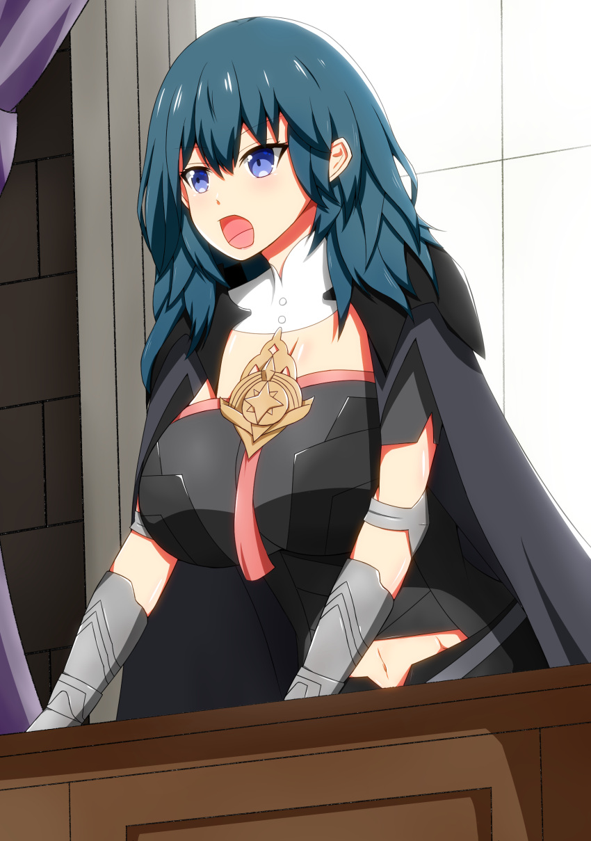 1girl absurdres blue_eyes blue_hair breasts byleth_(fire_emblem) byleth_eisner_(female) desk fire_emblem fire_emblem:_three_houses highres huge_breasts lecturing navel_cutout nicoseiga2102092 open_mouth solo tagme