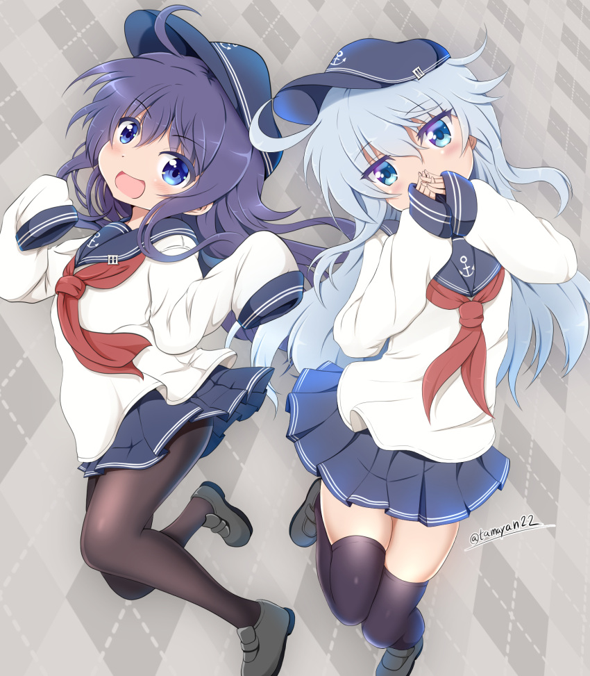 ahoge akatsuki_(kantai_collection) anchor anchor_symbol badge black_legwear black_sailor_collar blouse blue_eyes blush eyebrows_visible_through_hair flat_cap folded_ponytail grey_background grey_footwear hair_between_eyes hands_together hat hibiki_(kantai_collection) highres kantai_collection long_hair long_sleeves looking_at_viewer messy_hair neckerchief open_mouth pantyhose peaked_cap pleated_skirt purple_hair red_neckwear sailor_collar school_uniform serafuku silver_hair simple_background skirt sleeves_past_wrists smile solo tamayan thigh-highs twitter_username