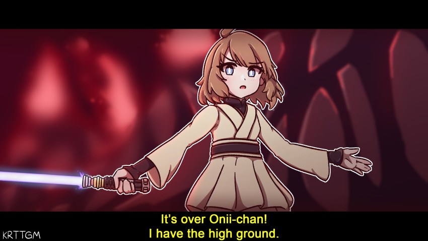 1girl blue_eyes brown_hair cosplay energy_sword english_text fake_screenshot highres holding holding_weapon idolmaster idolmaster_million_live! kurotategami letterboxed lightsaber meme obi-wan_kenobi obi-wan_kenobi_(cosplay) parody robe short_hair solo star_wars star_wars:_revenge_of_the_sith subtitled suou_momoko sword weapon