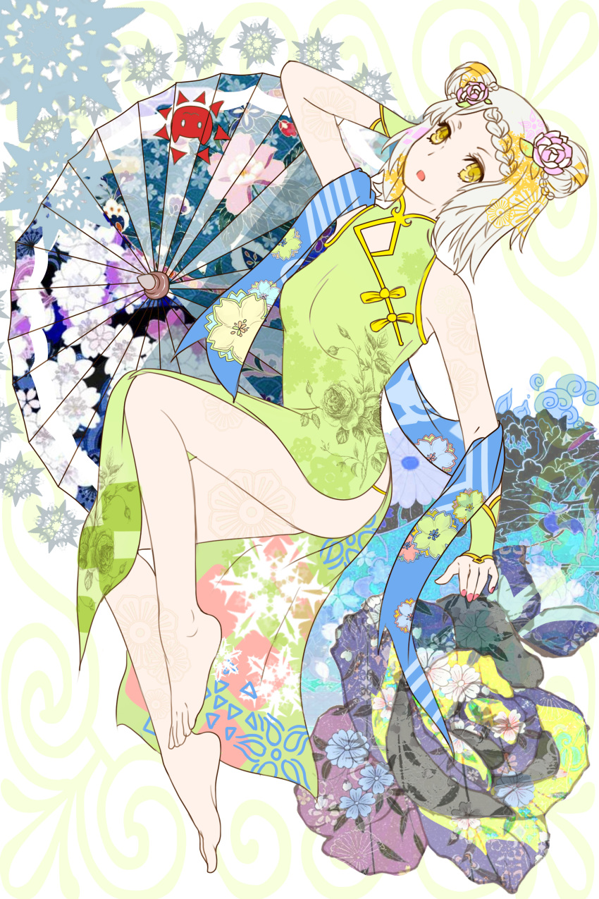 1girl absurdres aurora_(warship_girls_r) barefoot china_dress chinese_clothes chongqing_(warship_girls_r) dress flower highres iceluo long_toes nail_polish no_legwear no_shoes silver_hair toes umbrella warship_girls_r yellow_eyes