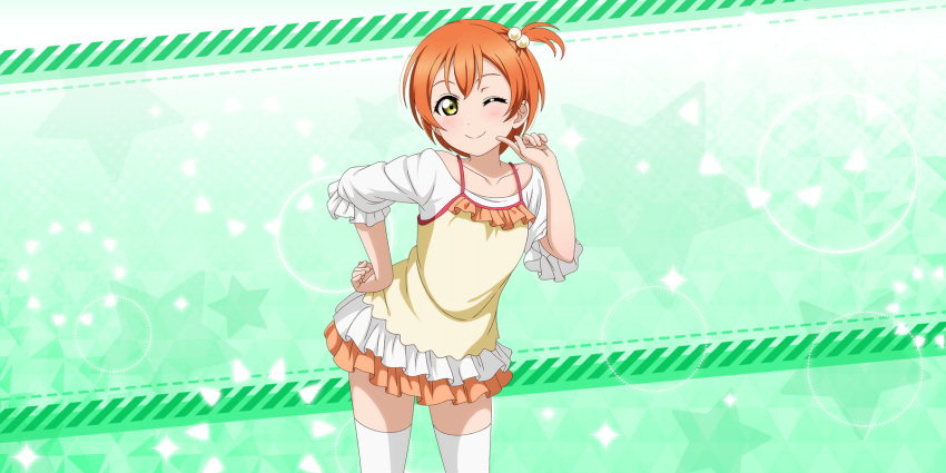 blush dress green_eyes hoshizora_rin llove_live!_school_idol_festival_all_stars orange_hair short_hair smile wink