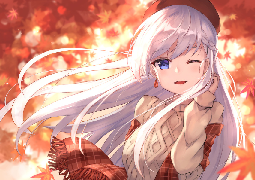 1girl ;d absurdres aran_sweater autumn_leaves azur_lane bangs belfast_(azur_lane) beret blue_eyes blurry blurry_background blurry_foreground braid brown_sweater commentary_request earrings eyebrows_visible_through_hair floating_hair fringe_trim hand_up hat highres huge_filesize jewelry leaf long_hair long_sleeves looking_at_viewer maple_leaf masaki_(msk064) one_eye_closed open_mouth plaid red_headwear shawl silver_hair sleeves_past_wrists smile solo sweater upper_body upper_teeth very_long_hair wind