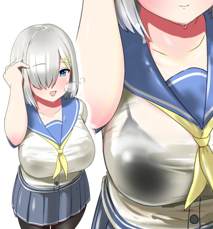 1girl black_bra black_legwear blue_eyes blue_sailor_collar bra breasts breath commentary_request cowboy_shot gloves grey_skirt hair_ornament hair_over_one_eye hairclip hamakaze_(kantai_collection) hauto-san highres kantai_collection large_breasts neckerchief pantyhose pleated_skirt sailor_collar school_uniform see-through serafuku short_hair short_sleeves silver_hair skirt solo underwear white_gloves yellow_neckwear zoom_layer