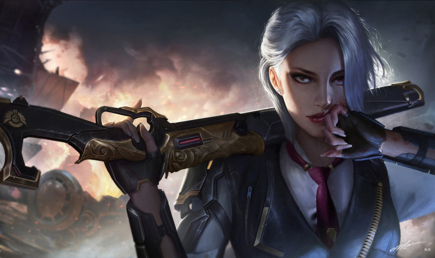 1girl ashe_(overwatch) asymmetrical_hair blood blood_on_face clouds cloudy_sky dated earrings fingerless_gloves gloves gun highres jewelry lever_action lips lipstick looking_at_viewer makeup mole mole_above_mouth necktie nose over_shoulder overwatch realistic red_lipstick rifle sidelighting signature single_pauldron sky solo trigger_discipline upper_body vest wang_chen weapon weapon_over_shoulder white_hair wiping_face