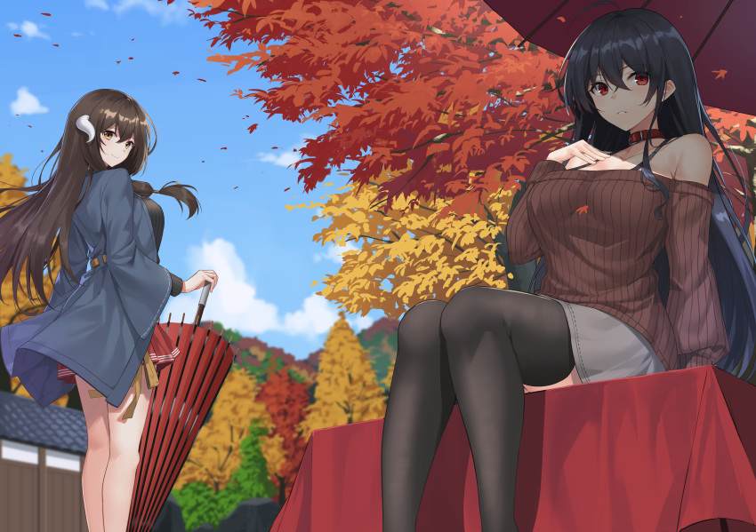 2girls absurdres alternate_costume arm_support autumn autumn_leaves azur_lane bangs bare_legs bare_shoulders black_hair black_legwear black_shirt blue_coat blue_sky bra_strap breasts brown_eyes brown_sweater building casual choker clouds coat collarbone commentary_request day eyebrows_visible_through_hair feet_out_of_frame grey_skirt hair_between_eyes hand_on_own_chest hand_up highres horn huge_filesize large_breasts long_hair long_sleeves looking_at_viewer mikasa_(azur_lane) miniskirt multiple_girls open_clothes open_coat outdoors parted_lips phano_(125042) planted_umbrella pleated_skirt red_choker red_eyes red_skirt red_umbrella ribbed_sweater shirt sidelocks sitting skirt sky standing sweater taihou_(azur_lane) thigh-highs thighs tree umbrella wide_sleeves