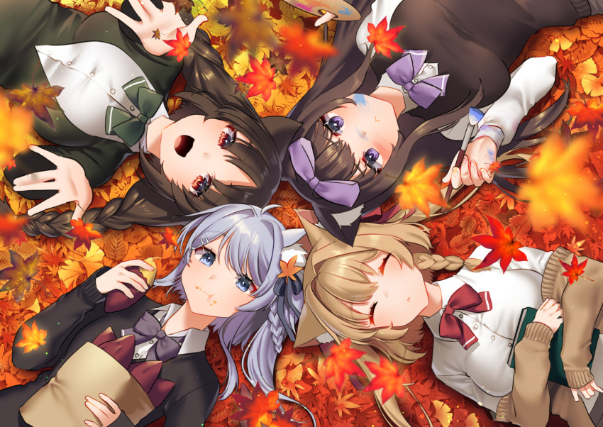4girls :d animal_ears arashio_(azur_lane) asashio_(azur_lane) autumn autumn_leaves azur_lane bag black_cardigan blue_eyes blurry bow bowtie braid breasts brown_cardigan brown_hair brown_sweater buttons cardigan cat_ears closed_eyes collared_shirt commentary_request depth_of_field eating food from_above hair_bow holding large_breasts leaf long_hair long_sleeves looking_at_viewer lying maple_leaf michishio_(azur_lane) mizuki_eiru_(akagi_kurage) multiple_girls off_shoulder on_back ooshio_(azur_lane) open_mouth outdoors paint paintbrush palette paper_bag purple_bow purple_neckwear red_eyes red_neckwear shirt silver_hair sleeping smile sweater sweater_vest sweet_potato twin_braids undershirt violet_eyes white_shirt yakiimo
